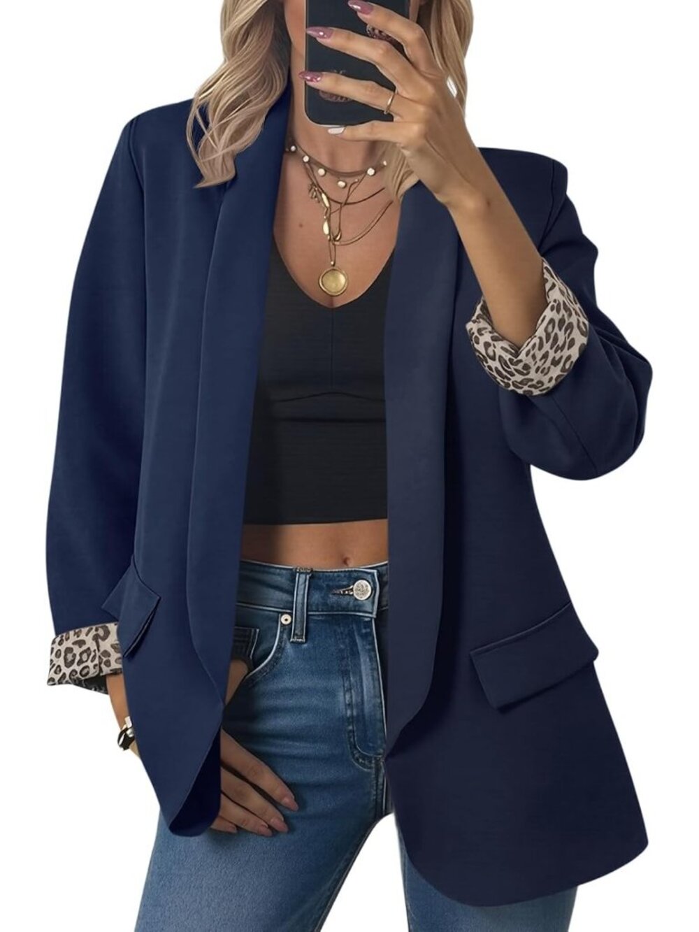Women's Blue Oversized Open Front Shawl Collar Leopard Cuff Classic Suit Jacket